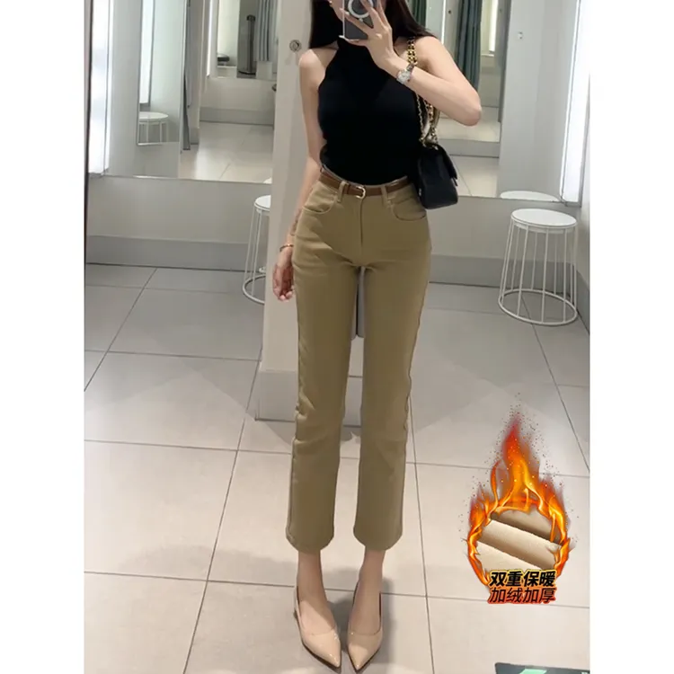 经典卡其色老钱风九分直筒牛仔裤女25秋季新款高腰弹力显瘦九分裤