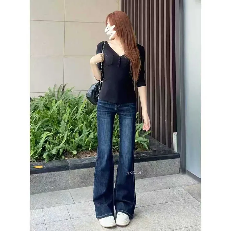 美式高腰宽松不贴腿辣妹微喇弹力牛仔裤女2025新款喇叭长裤