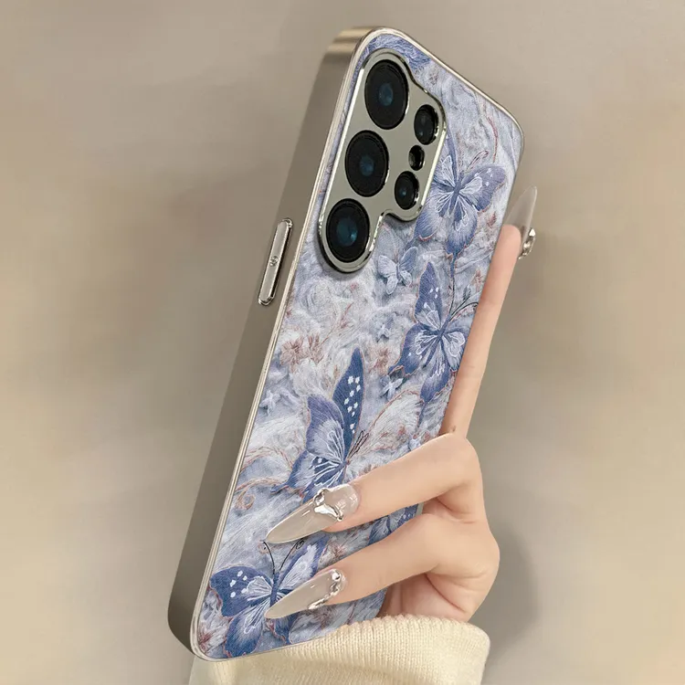 蓝色镜面适用三星Galaxys25手机壳s24新款全包防摔s23小羊皮高级