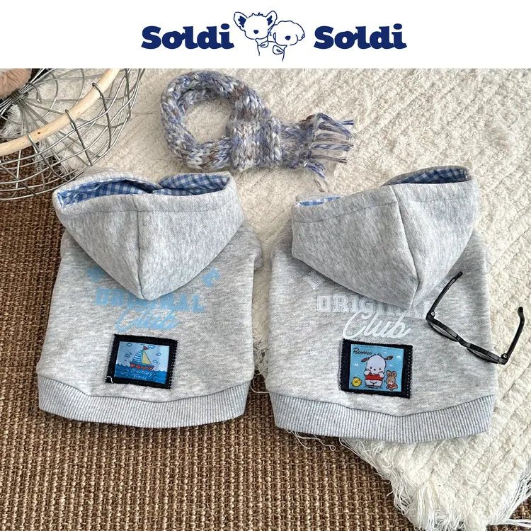 Soldi Soldi宠物衣橱狗狗秋冬浅花灰加绒加厚戴帽卫衣约克夏泰迪