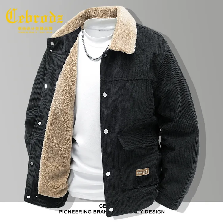 法国Cebrodz羊羔绒夹克男秋冬季新款翻领加绒休闲加厚防风外套男
