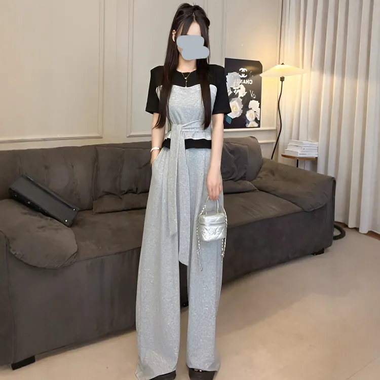通勤静奢风休闲风时尚套装拼色系带短袖宽松长裤显瘦高腰2025夏季