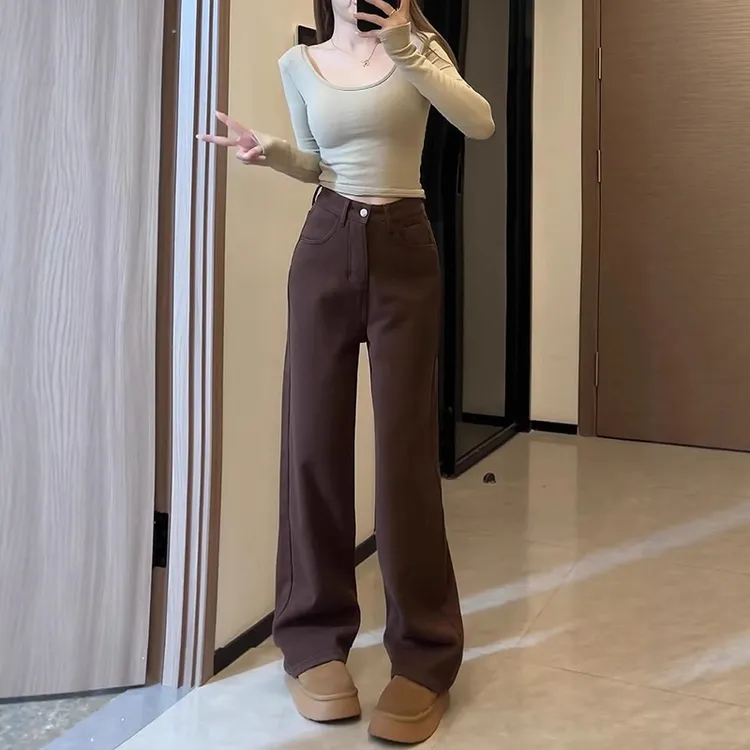 美拉德棕色窄版阔腿牛仔裤女秋冬2025新款加绒显瘦宽松直筒拖地裤