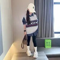 女童秋季套装2025新款中大童女孩洋气针织马甲牛仔衬衫铅笔裤秋装