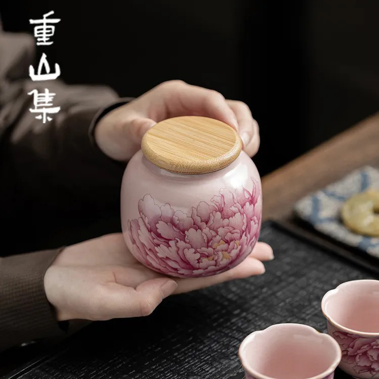 粉色汝窑牡丹茶叶罐家用陶瓷密封罐便携式国风带盖陶瓷罐开片可养
