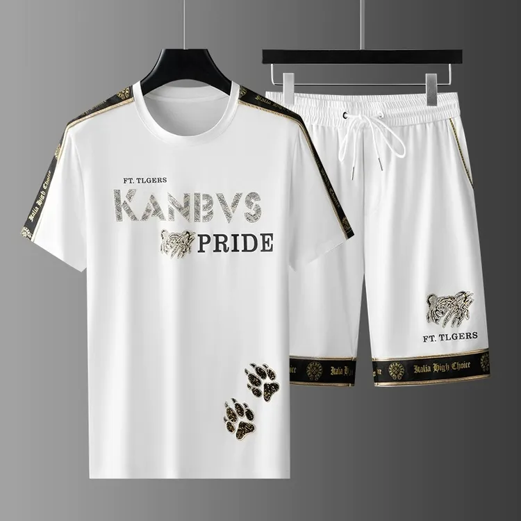 轻奢白色短袖短裤套装男士夏季薄高级感潮流休闲运动服跑步两件套