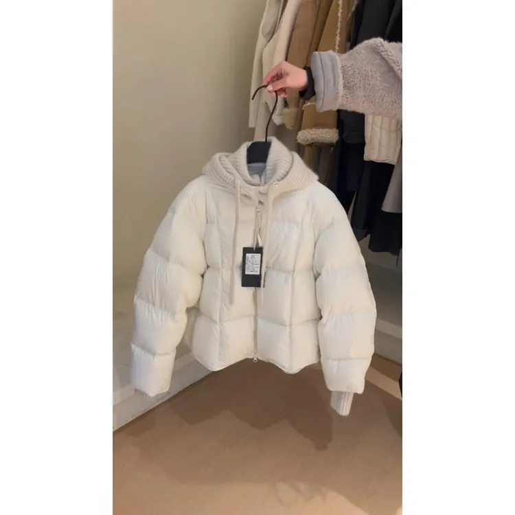 韩系温柔风设计感针织连帽拼接棉服2025秋新款冬加厚保暖女外套