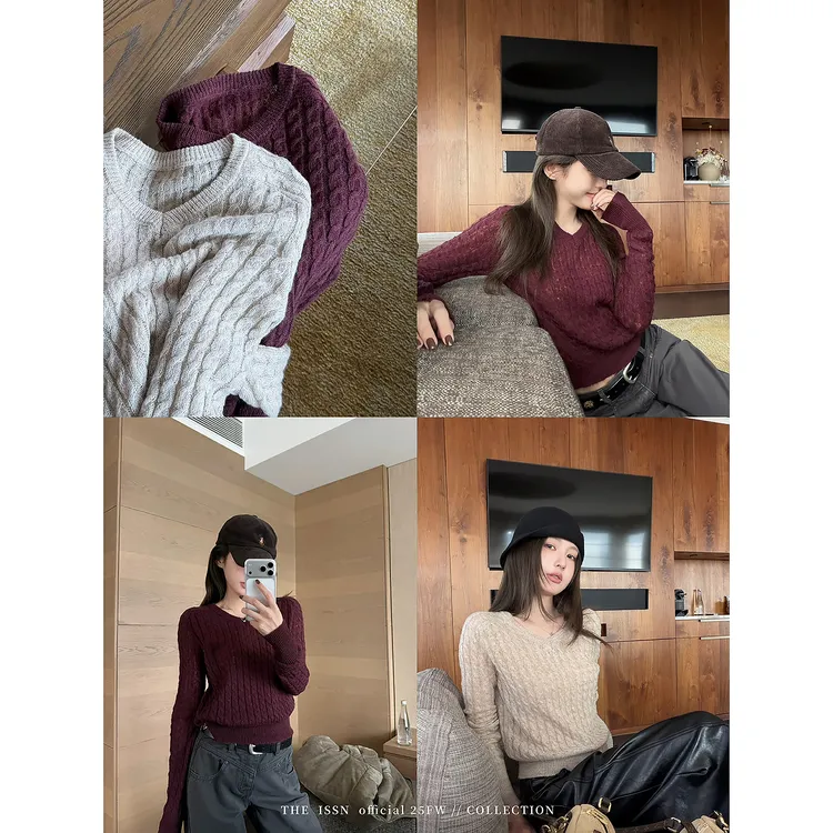 THEISSN宁司 麻花V领毛衣女冬季套头修身短款针织上衣 01906