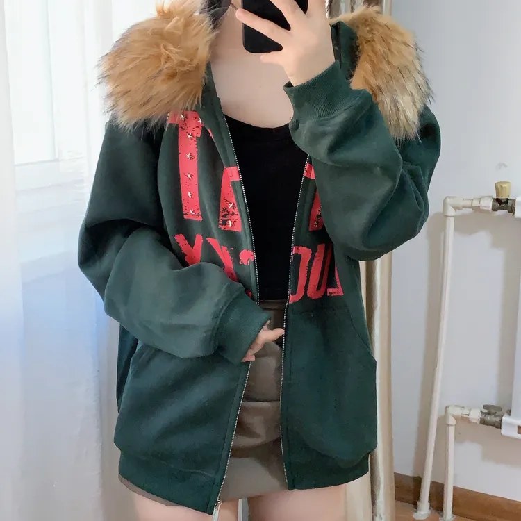 scs想文美式复古柳钉星星连帽毛领外套女宽松ins慵懒风chic上衣