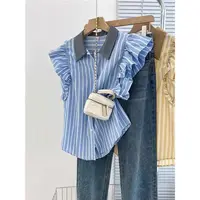 夏季小清新时尚设计感撞色荷叶边条纹衬衫POLO领衬衣女飞飞袖上衣