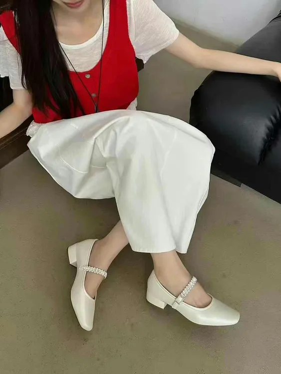 浅口水钻春季内增高仙女风单鞋夏季包头法式粗跟圆头