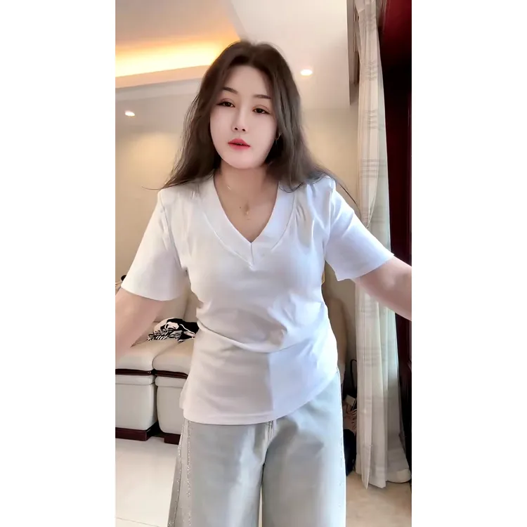 V领带垫肩净版斜摆短袖T恤夏季款修身褶皱收腰上衣