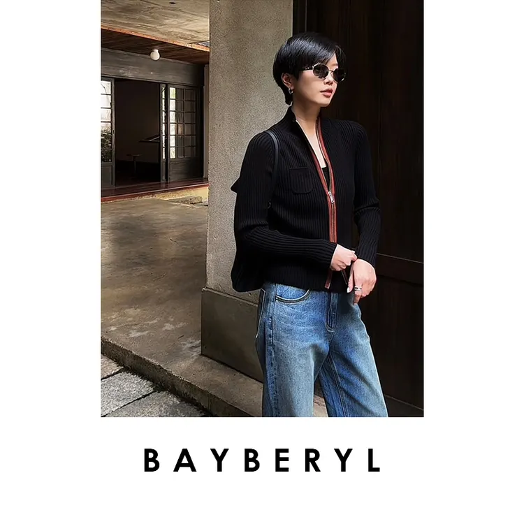 BAYBERYL老贝百露华*坑条撞色拉链立领秋针织开衫ZZS5C1913-8/16