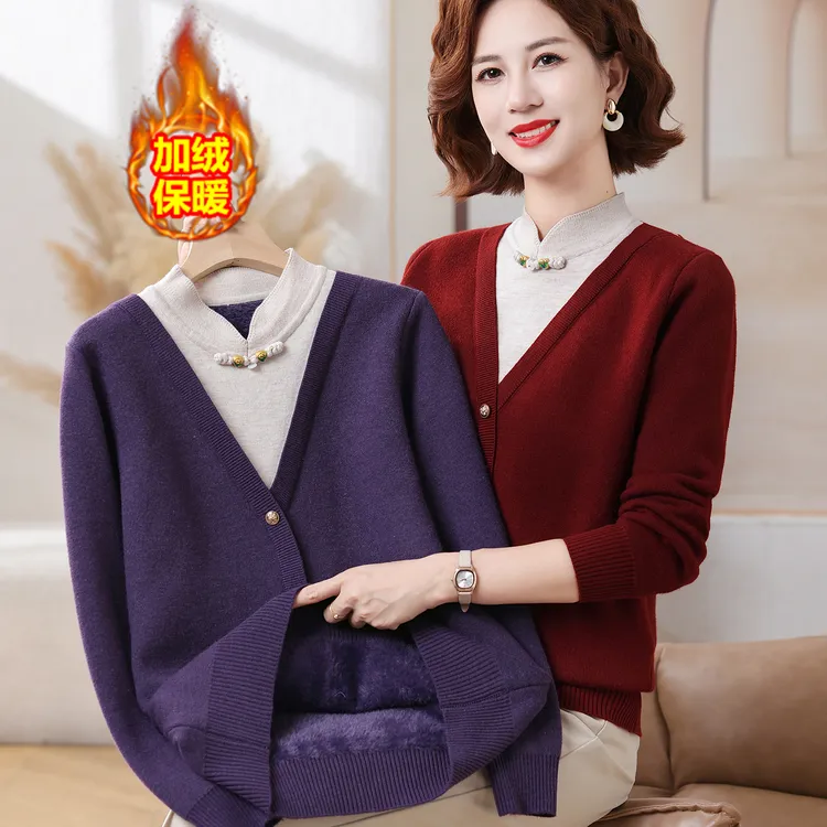 新中式妈妈装秋冬装毛衣加绒保暖假两件中老年女洋气一体绒打底衫