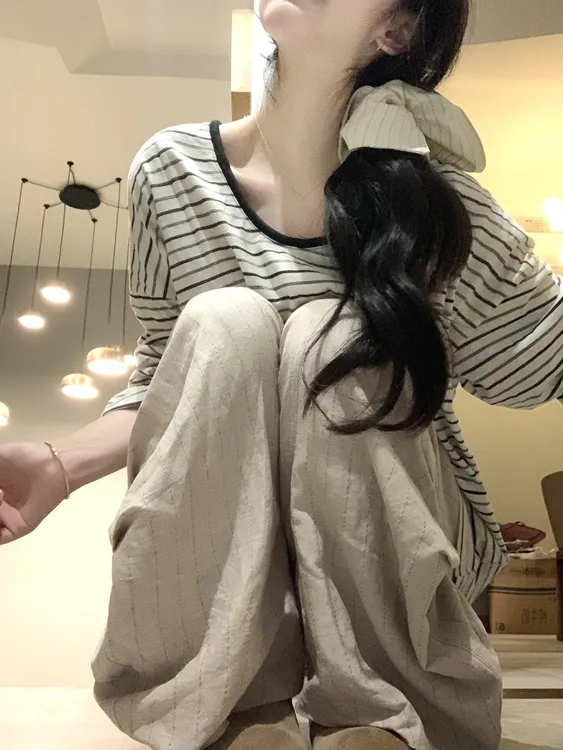 韩系气质简设计感拼色条纹圆领长袖上衣抽绳直筒裤两件套装夏季