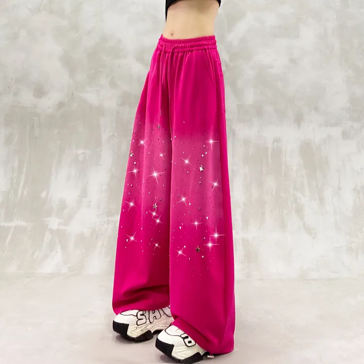 闪亮烫钻垂感运动休闲裤女秋新款高腰宽松显瘦百搭直筒阔腿拖地裤