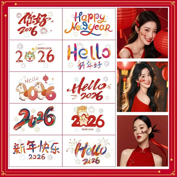 2026新年贴纸春节妆容脸贴马年卡通彩绘贴水纹身贴纸腮红舞会装饰