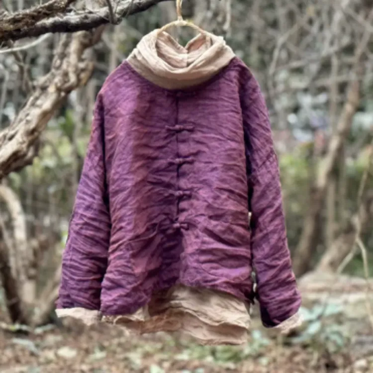 4395高品质砂洗亚麻印花小衫国风复古手缝盘扣圆领上衣宽松短外套