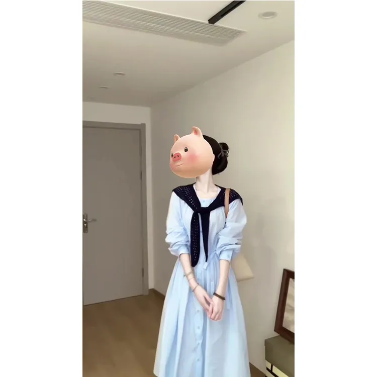 早春季薄款法式简约女装高级感慵懒风气质披肩蓝色衬衫连衣裙女