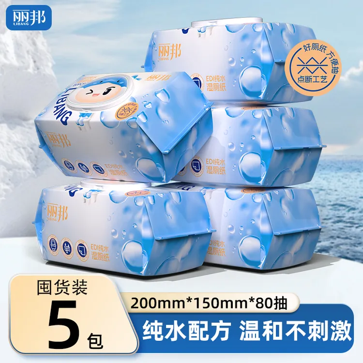 【大包】丽邦EDI纯水湿厕纸大尺寸厚实点断式80抽/包家庭装柔软