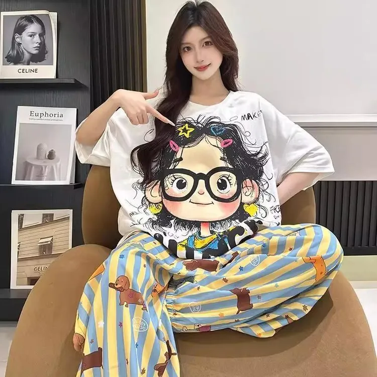 GPSUNLU2025夏季新款女睡衣带胸垫卡通印花短袖长裤云朵棉家居服