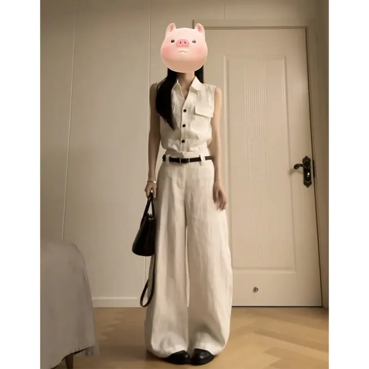 2025夏季新款韩系穿搭V领宽松无袖衬衫上衣气质高腰显瘦阔腿长裤