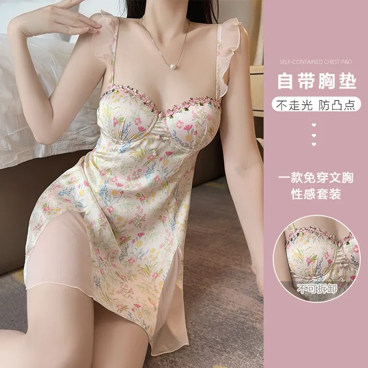 瑰若内衣甜美飞袖露背蕾丝性感加胸垫冰丝睡裙大码套装A5118碎花