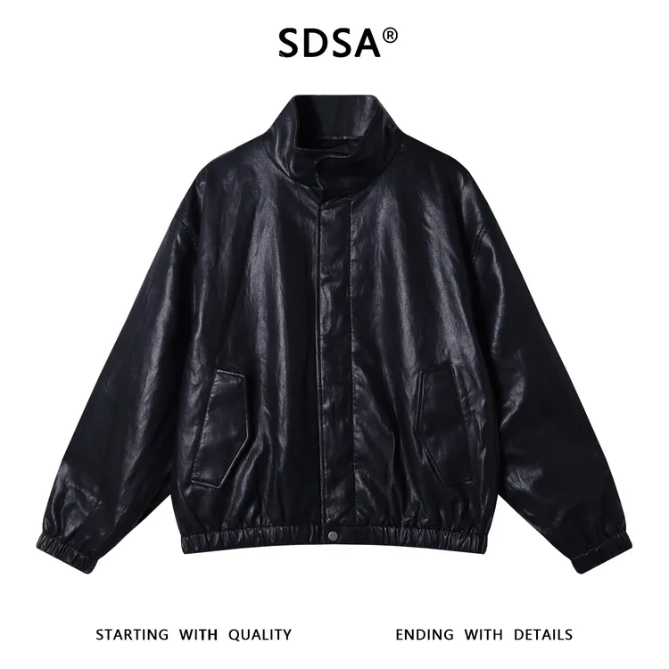SDSA男士秋冬新款痞帅男装韩版纯色立领皮衣夹克百搭时尚开衫外套