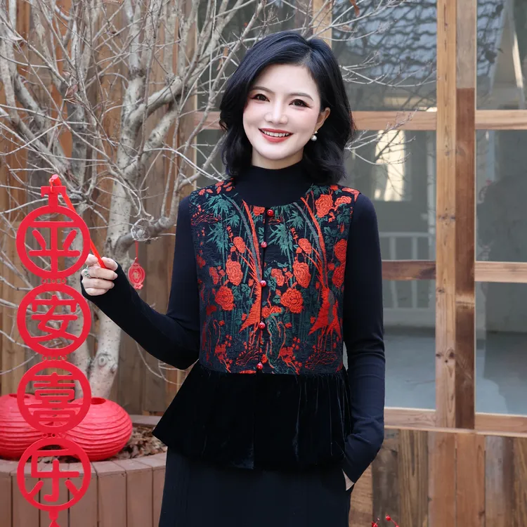 枫竺阿楠anan新中式国风提花钉珠马甲女秋冬拼接丝绒背心洋气上衣