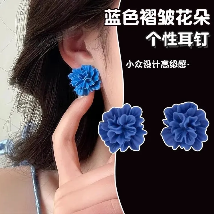 合金树脂耳饰  氛围感蓝色立体花朵耳钉港风时尚气质高级感耳饰