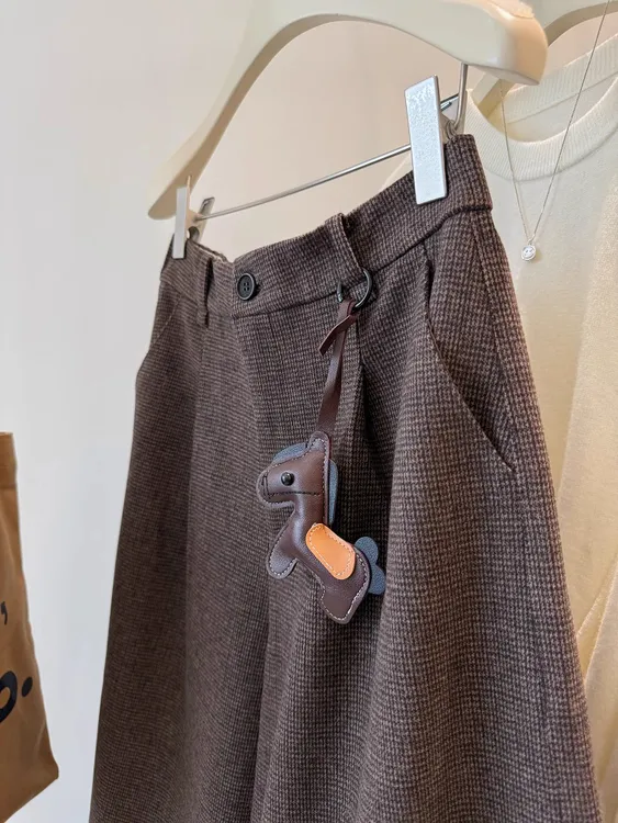 2025年秋新款半松紧腰毛呢加绒加厚细格子直筒显瘦阔腿裤