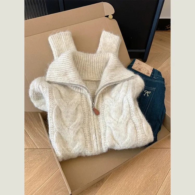 美拉德双拉链立领麻花毛衣外套女秋冬新款宽松短款针织衫开衫上衣