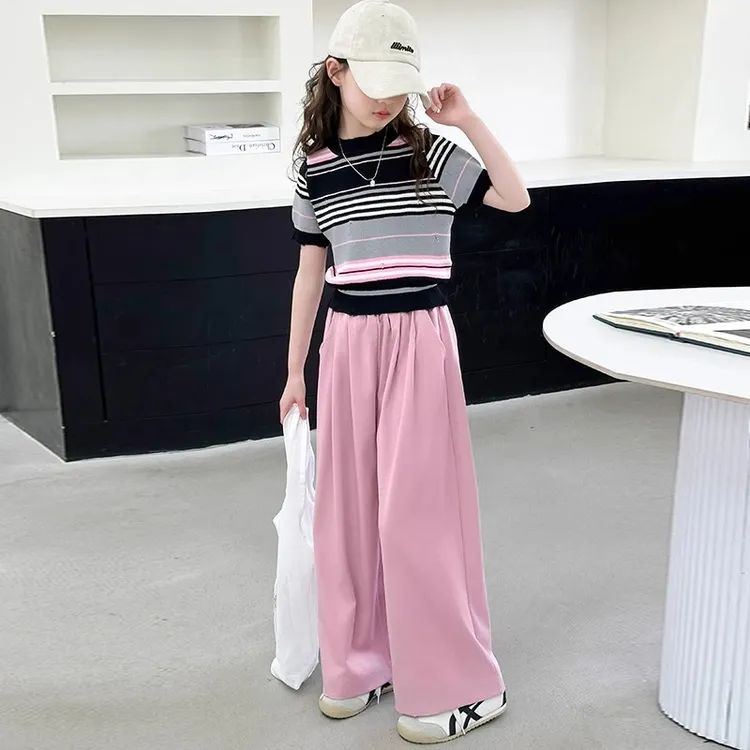 女童短袖T恤2025新款洋气女孩时尚条纹短袖 潮流中大童阔腿裤时尚