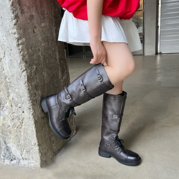 现货~真皮厚底增高搭扣长筒靴女春夏高筒骑士靴宽筒西部牛仔靴女