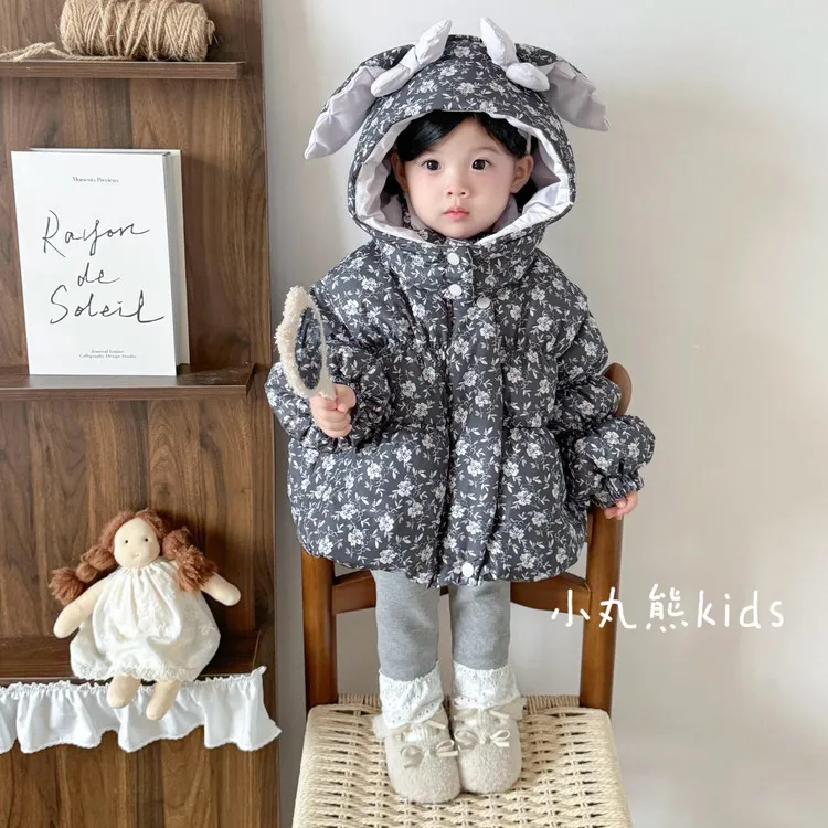 【现货当日发】暖兔兔！韩版女小童2025冬季棉服外套过冬连帽碎花