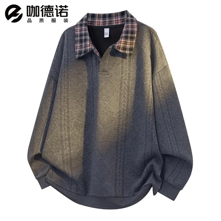 咖德诺新款潮牌提花翻领卫衣男秋冬加绒加厚宽松大码休闲长袖上衣