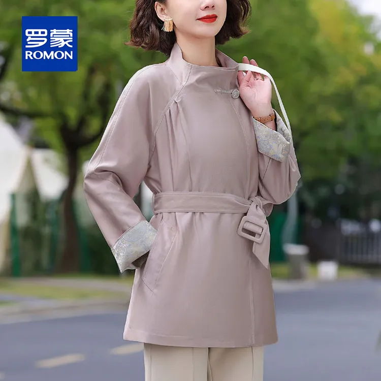 罗蒙新中式高档妈妈春秋装风衣外套女新款休闲收腰复古中老年上衣