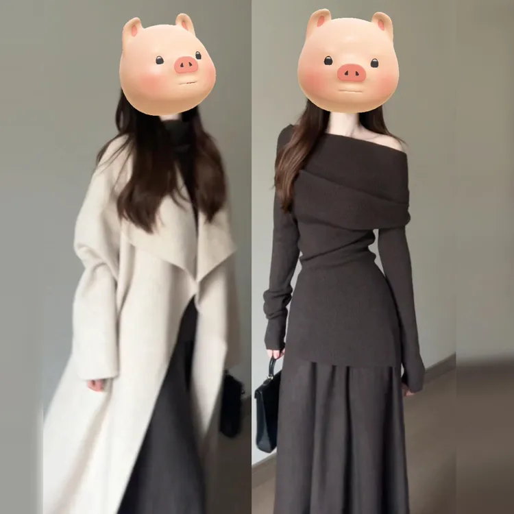 法式赫本风一字肩黑色裙子女秋冬季2025新款深秋搭配一整套装长裙