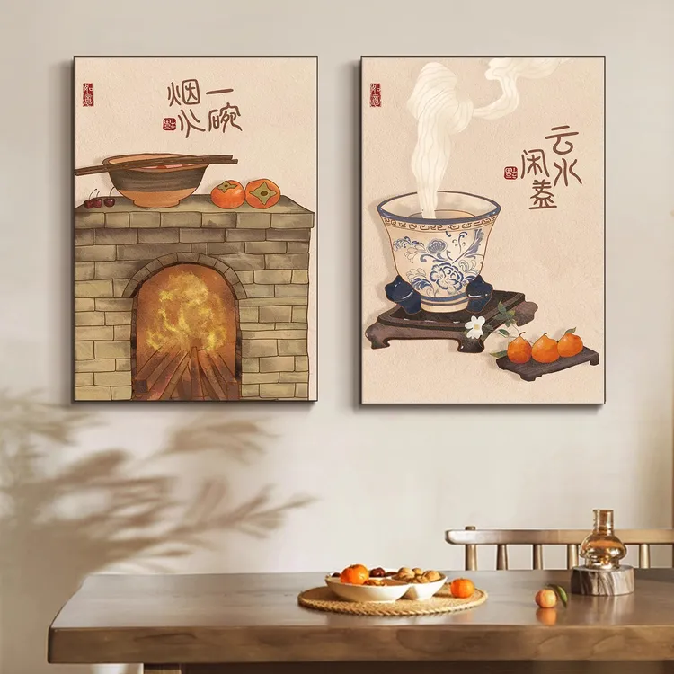 新中式餐厅装饰画墙上饭厅墙壁玄关日式挂画厨房客厅四季柿柿如意