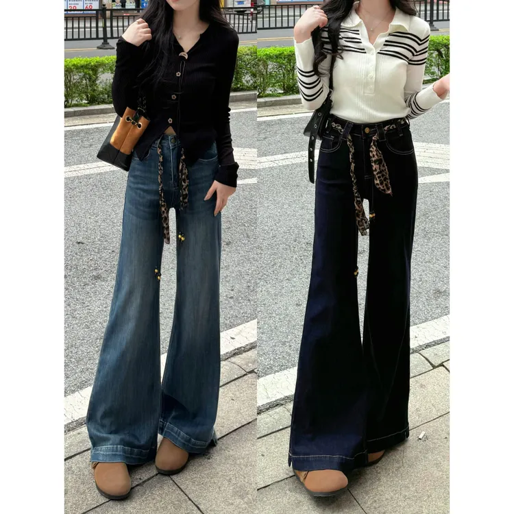 百搭复古高腰不贴腿微喇牛仔裤女2025年秋季新款宽松显瘦拖地长裤