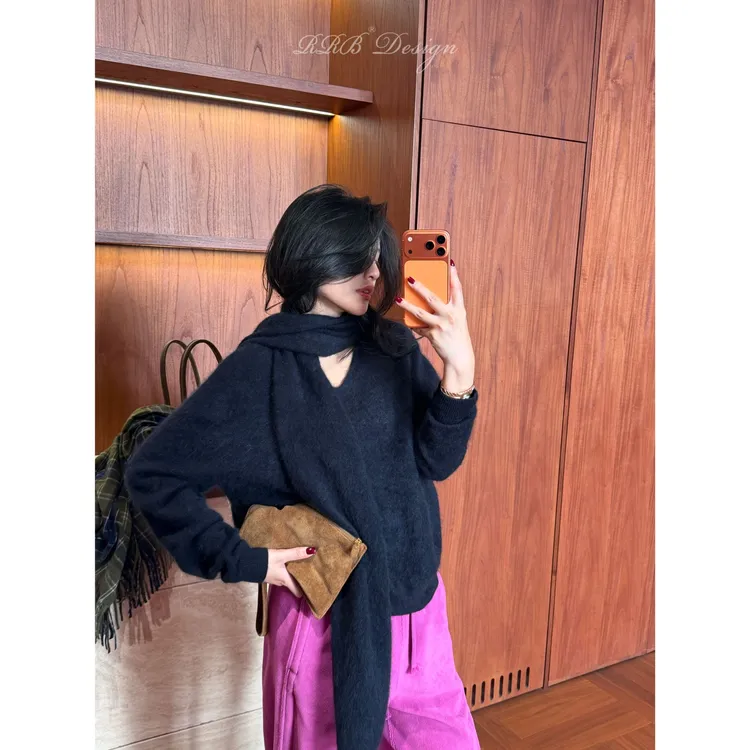 RRB Design 山羊绒绵羊毛混纺纯色显瘦软糯亲肤V领+围巾两件套
