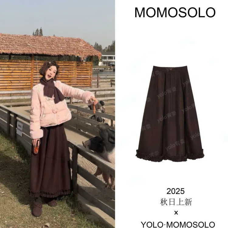 •念冬•2025冬绵羊毛加厚阔型花边花苞时尚设计感弹力腰长裙259905