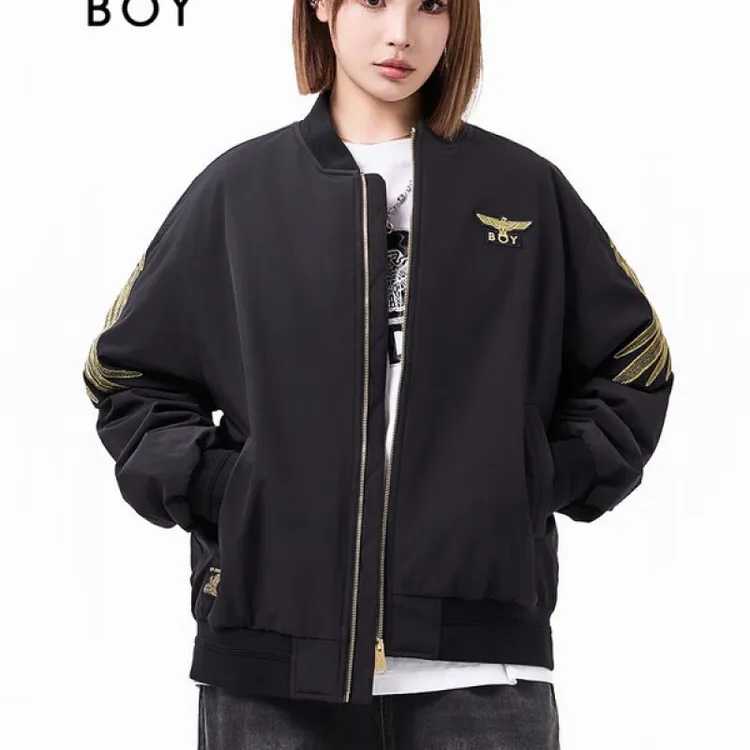 BOYLONDON冬潮牌棉衣男款夹棉外套女绣花棒球领夹克型棉服N29900