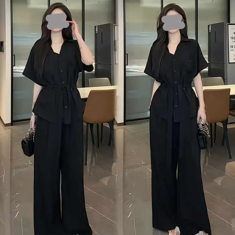 宽松显瘦微胖妹妹大码女装套装2025夏季新款衬衫阔腿裤时尚两件套