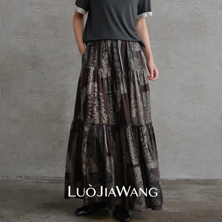 100%桑蚕丝春夏时髦复古艺术印花分割质感松紧抽绳半裙LUOJIAWANG