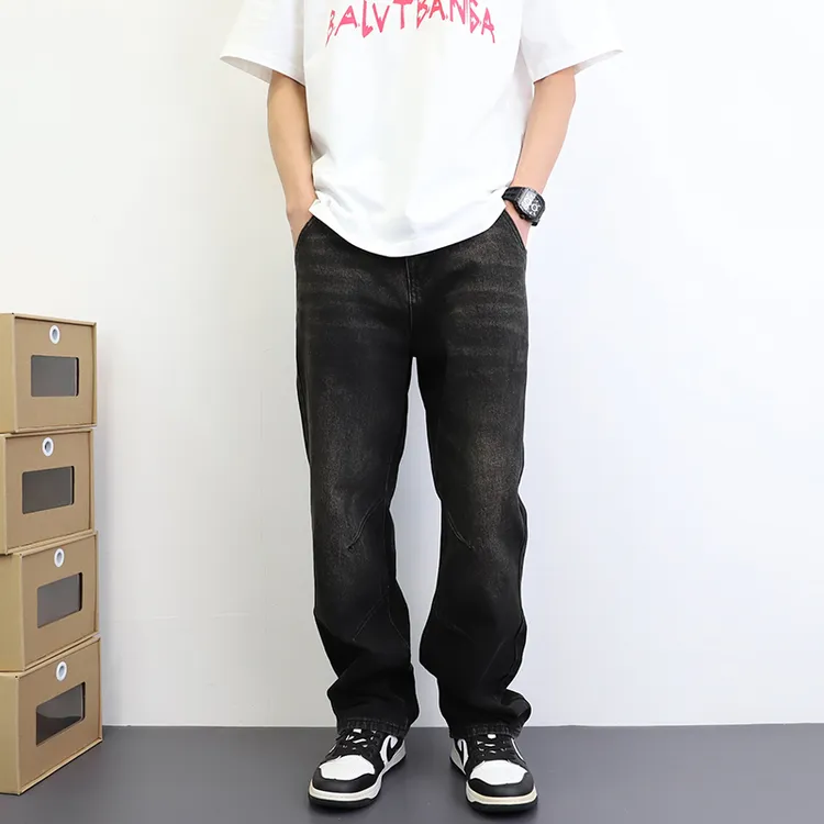 复古做旧黑灰牛仔裤美式高街潮牌宽松阔腿直筒裤痞帅百搭长裤男款