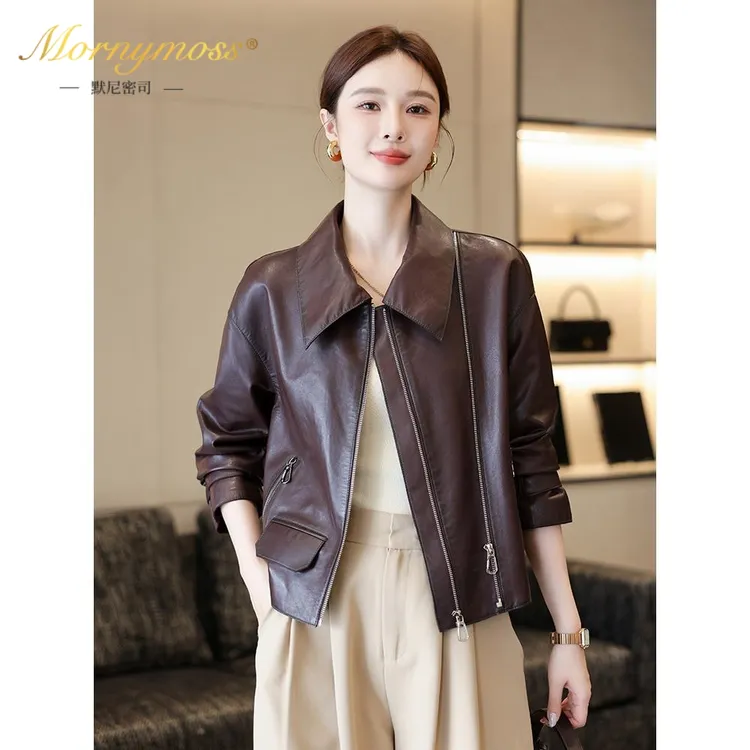默尼密司品牌头层真皮皮衣女秋冬季新款高级绵羊皮个性双拉链机车