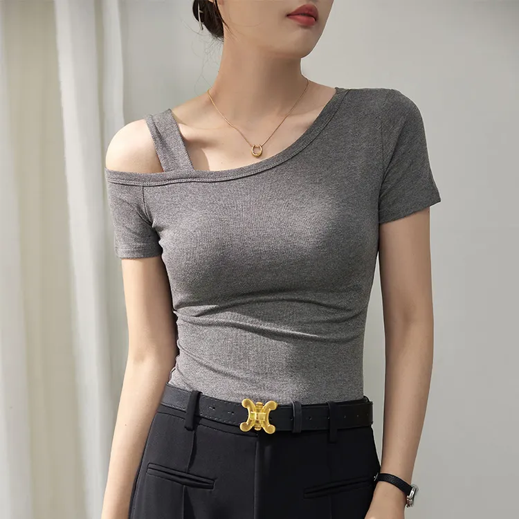 露背短袖t恤女夏季修身性感显瘦螺纹纯色吊带斜肩露半边肩上衣女