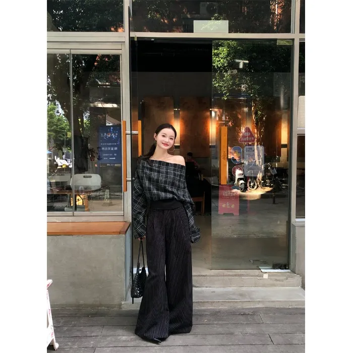 时尚套装格子斜肩长袖衬衫女秋季条纹高腰显瘦阔腿裤休闲裤两件套