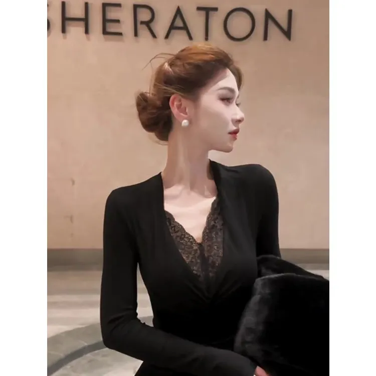 SS3355法式小心机黑色蕾丝长袖T恤女秋冬新款气质性感V领打底衫